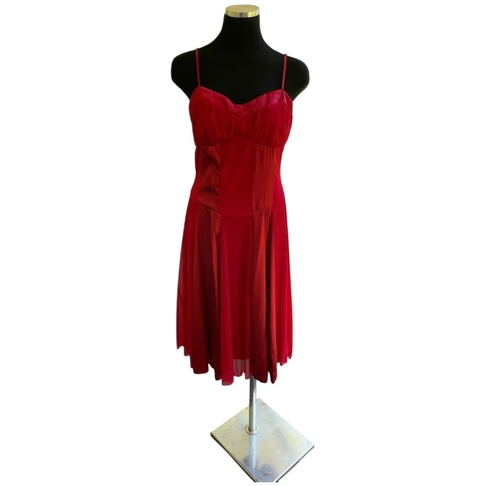 Vtg My Michelle Dress Babydoll Red Satin Sheer Panels Y2k 90s‎ Retro Balletcore